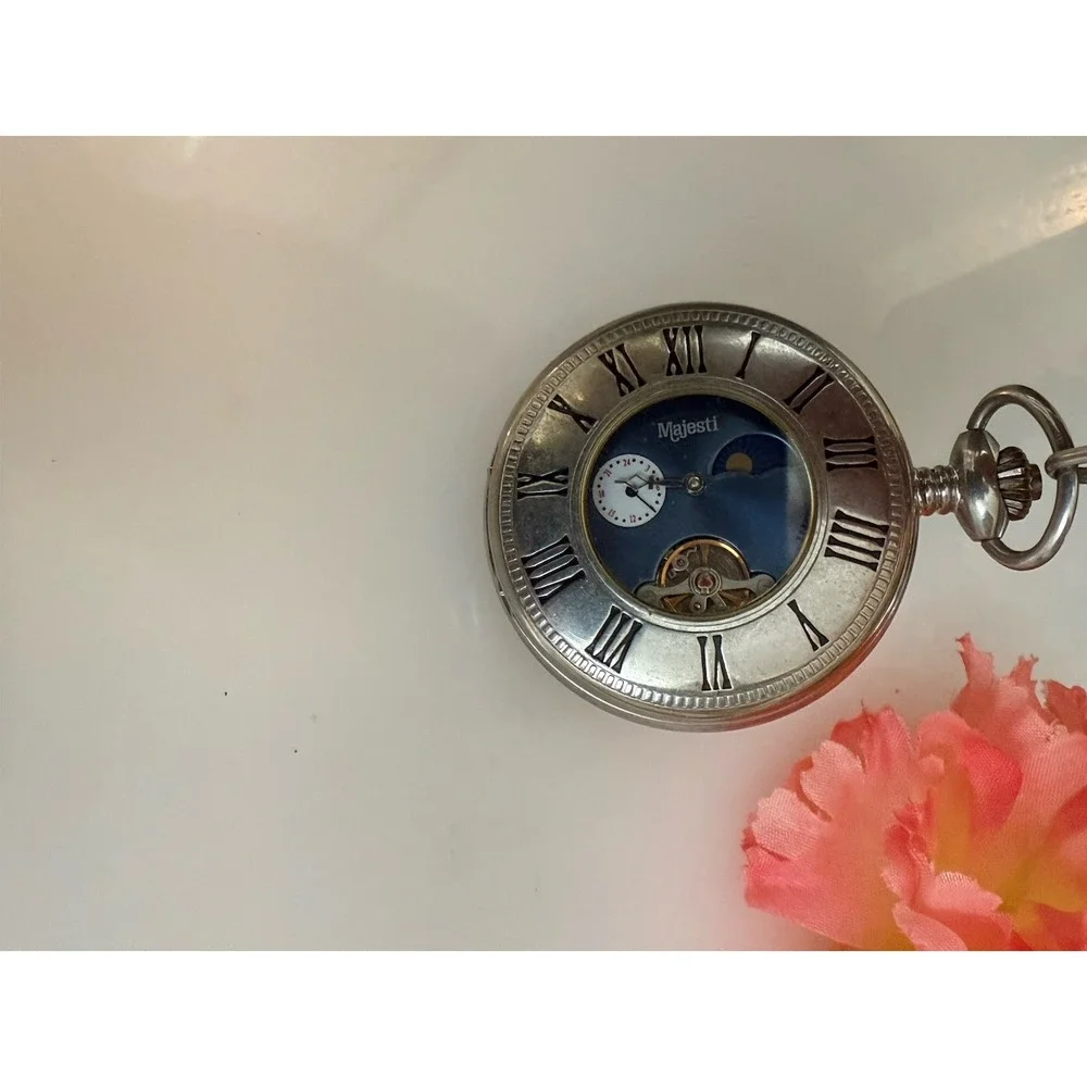 2002 Majesti Pocket‎ Watch with Inscription In Back As is Chain Silver Tone Blue